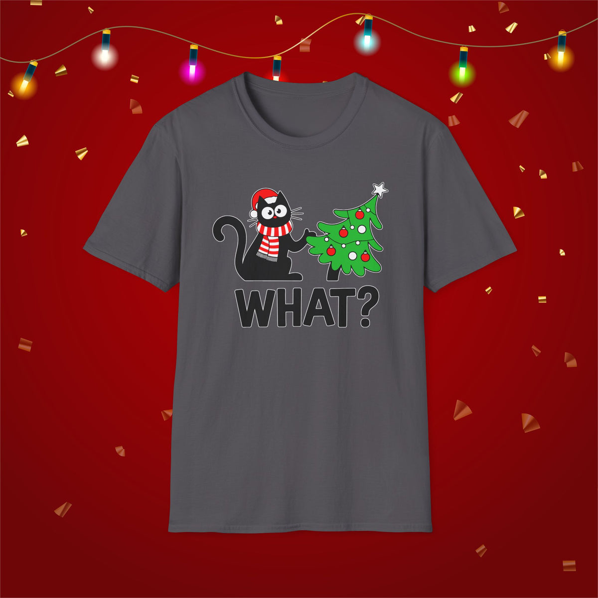 Funny Cat Christmas Shirt What? Christmas Tree Knocked Over Tee Cute Holiday Cat Lover T-Shirt Humorous Xmas Gift for Pet Owners, Soft Style