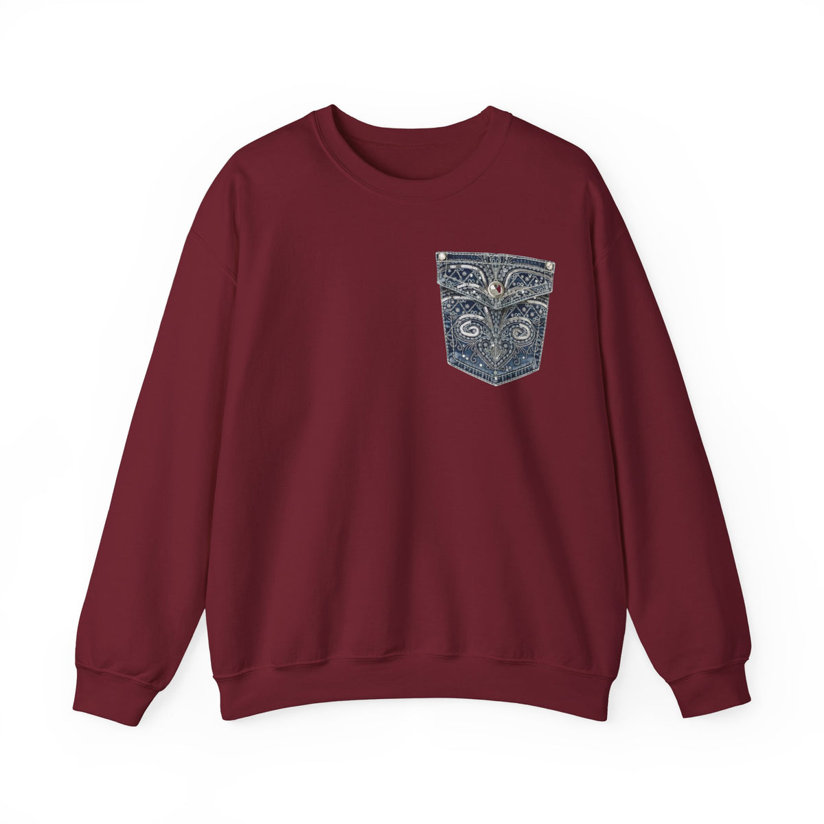 Faux Denim Pocket Sweatshirt, Embellished Pocket Crewneck, Unisex Cozy Sweater, Gildan 18000 Pullover Gift