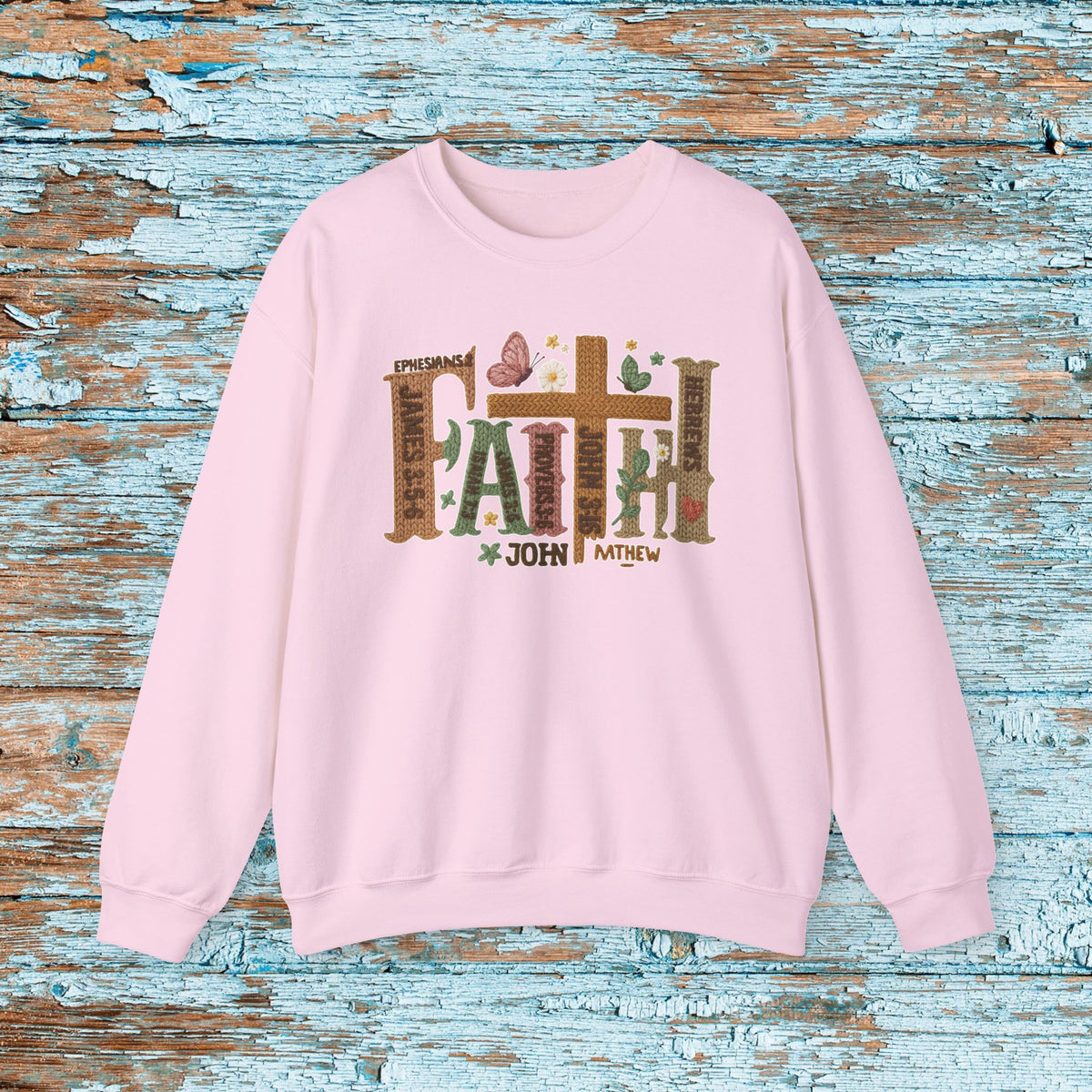 Faith Christian Sweatshirt, Faux Yarn Bible Verse Crewneck, Scripture Cross Floral Gildan 18000 Faith Sweater