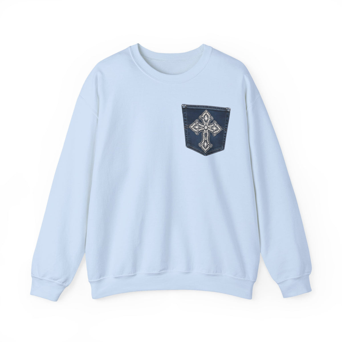 Faux Denim Pocket Sweatshirt, Cross Pocket Print Crewneck, Unisex Heavy Blend Christian Sweater, Faith Gift for Her Him, Gildan 18000