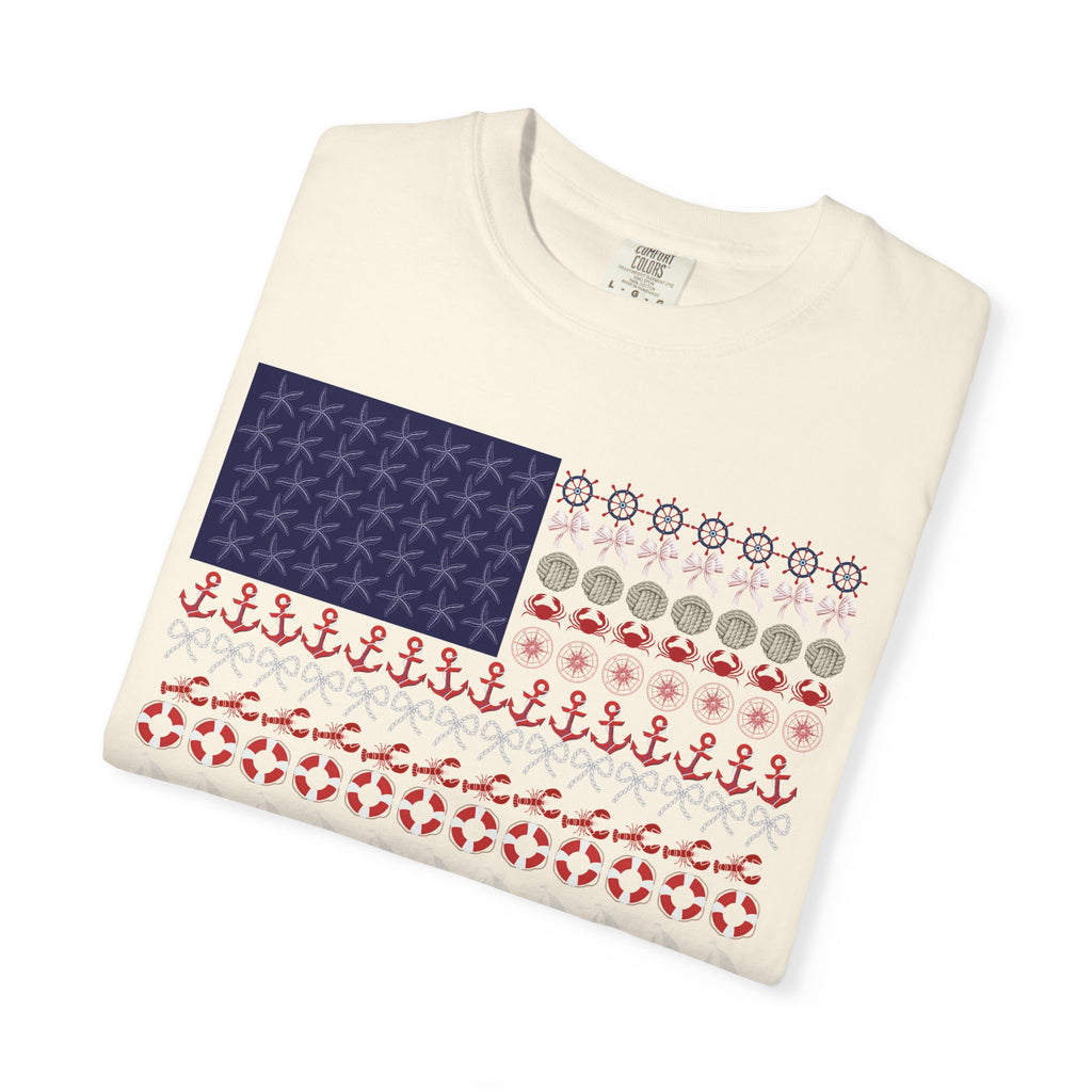 Comfort Colors American Flag Nautical Coquette Bow Anchor Shirt with Lobster and Crab Stars and Stripes July 4th Cruise Shirt