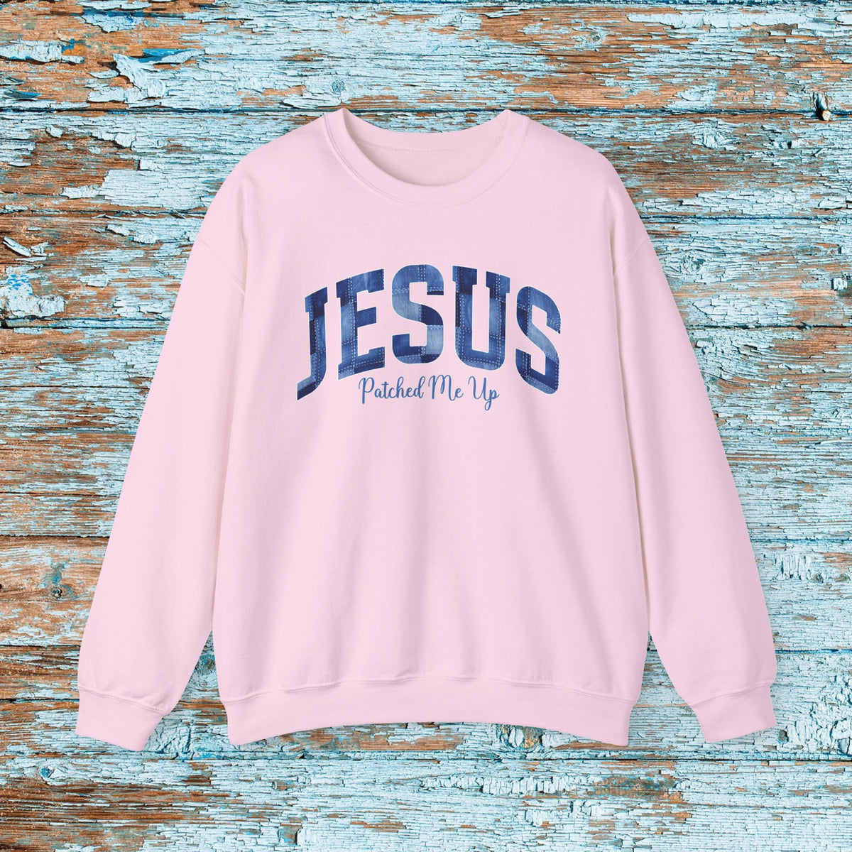 Christian Jesus Denim Patchwork Sweatshirt, Cute Baptism Gift, Cozy Religious Crewneck for Mom or Grandma, Faith Bible Study Church Wear