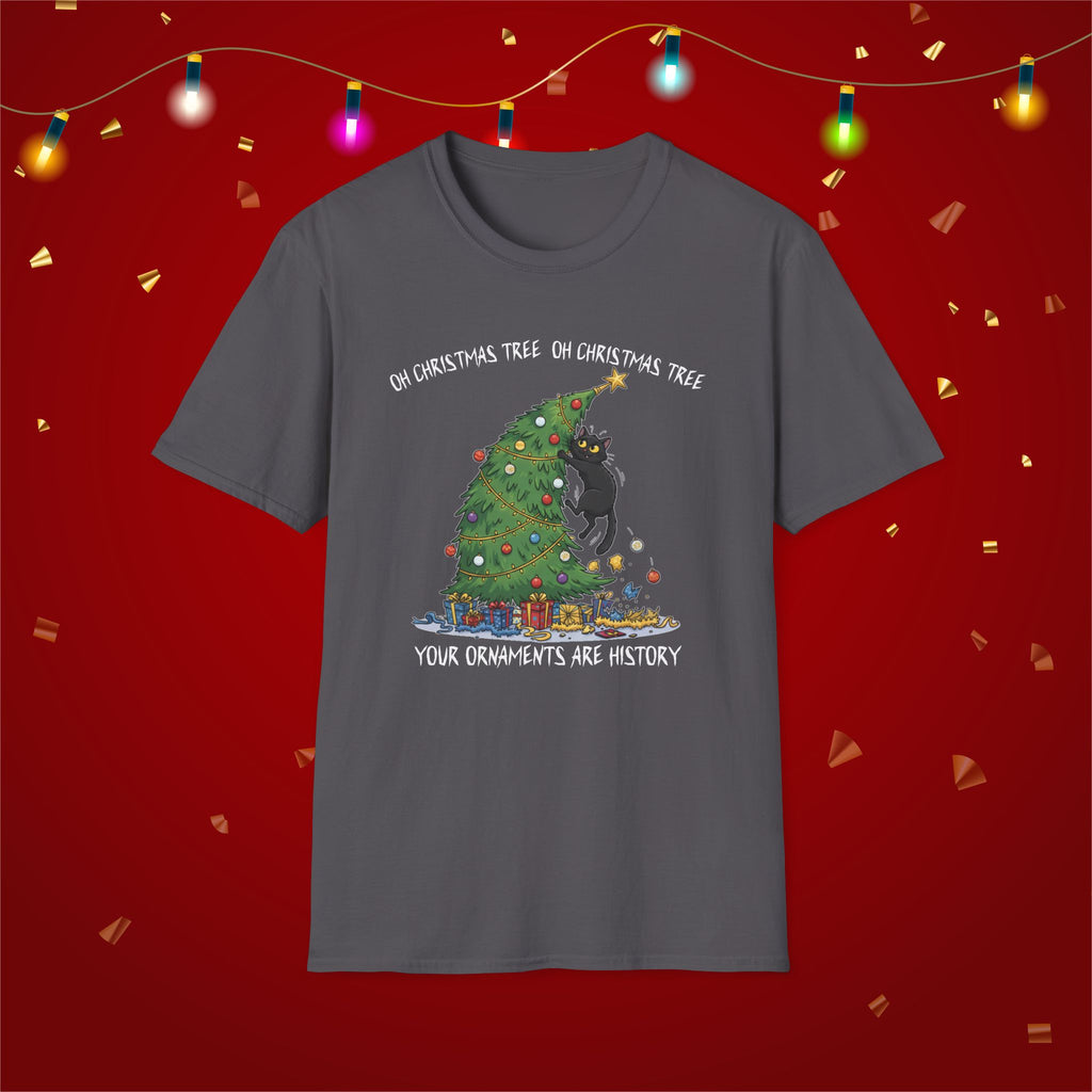 Funny Cat Christmas Shirt What? Christmas Tree Knocked Over Tee Cute Holiday Cat Lover T-Shirt Humorous Xmas Gift for Pet Owners, Soft Style