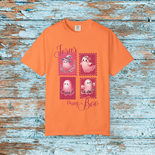 Comfort Colors Christian Halloween Jesus is my Boo Cute Crochet Ghost Postage Stamp Aesthetic Fall T-Shirt