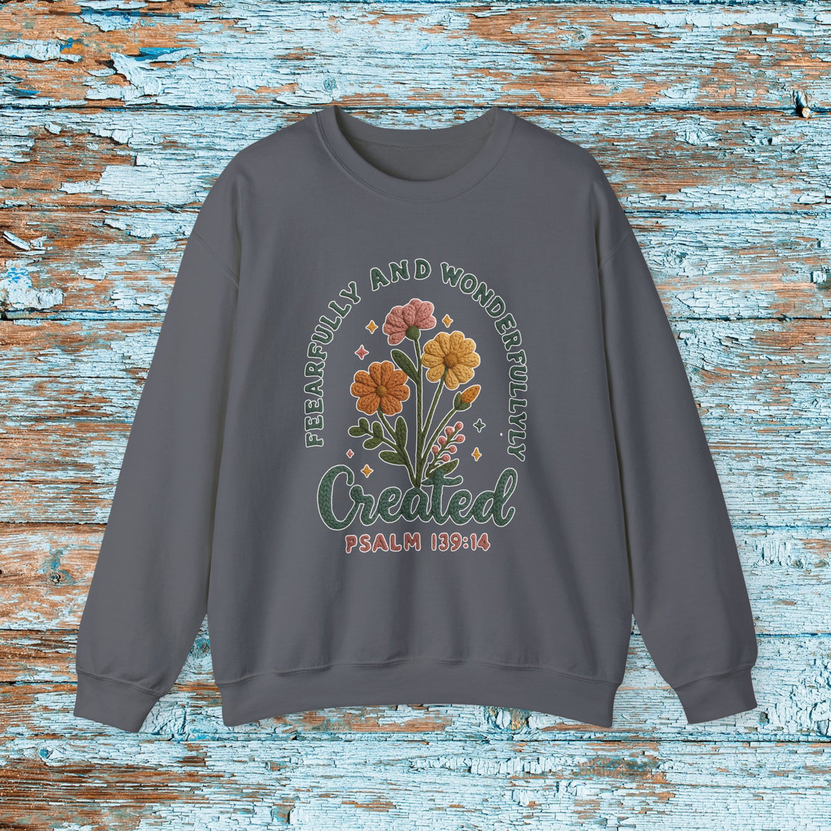 Fearfully and Wonderfully Created Sweatshirt, Psalm 139:14 Christian Crewneck, Faux Crochet Yarn Look Faith Sweater