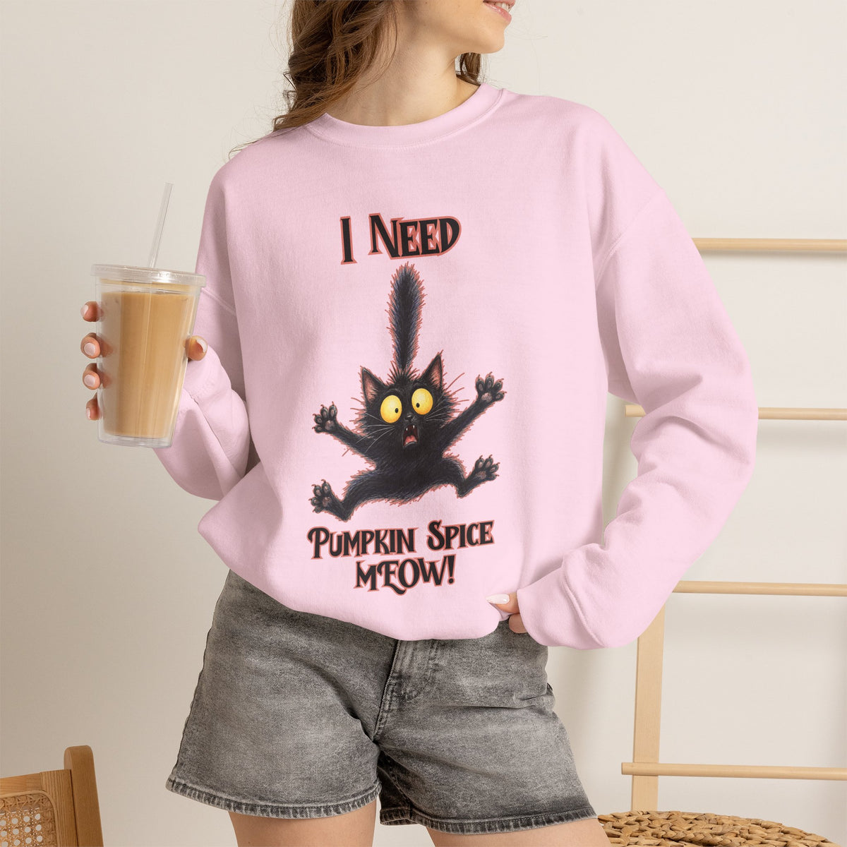 I Need Pumpkin Spice Meow Crewneck | Black Cat Halloween Sweatshirt