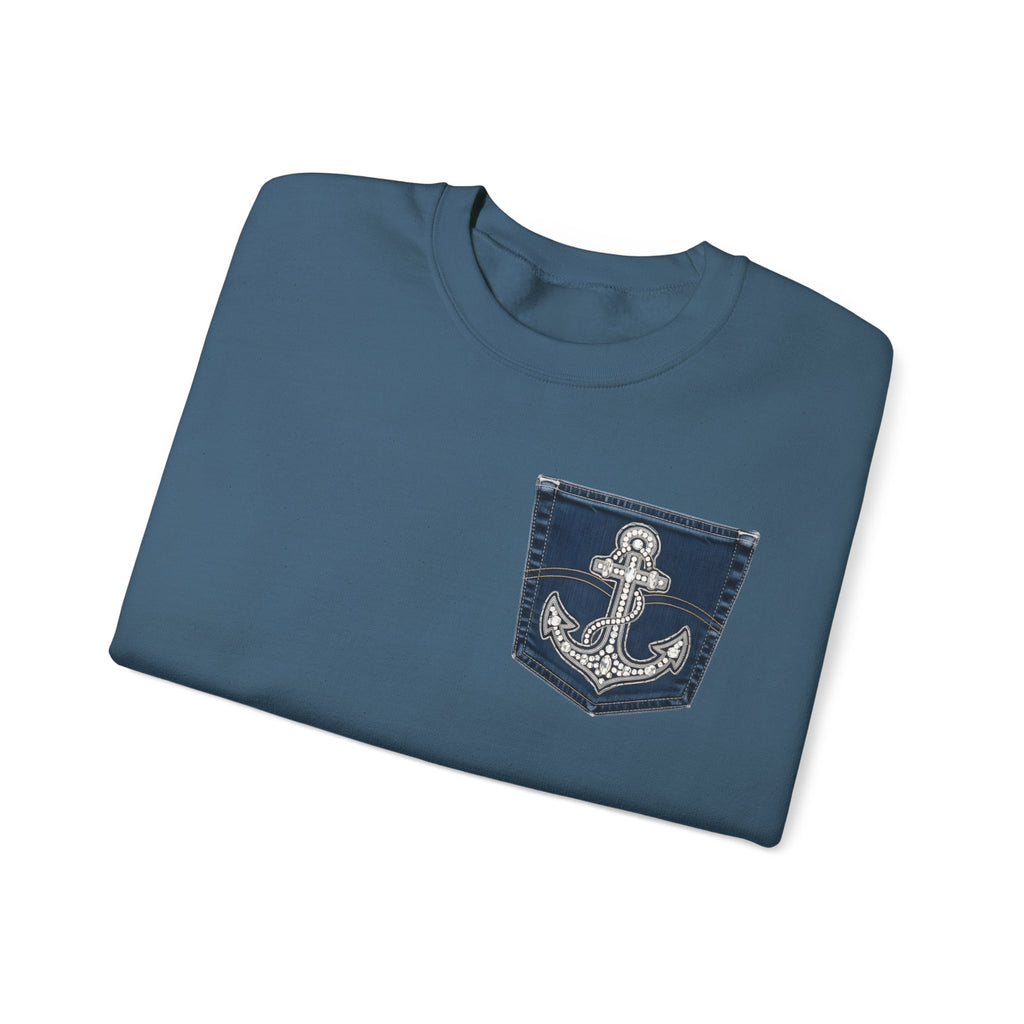 Faux Denim Pocket Sweatshirt, Anchor Pocket Print Crewneck, Jesus Is My Anchor Nautical Christian Sweater, Faith Gift for Her Him
