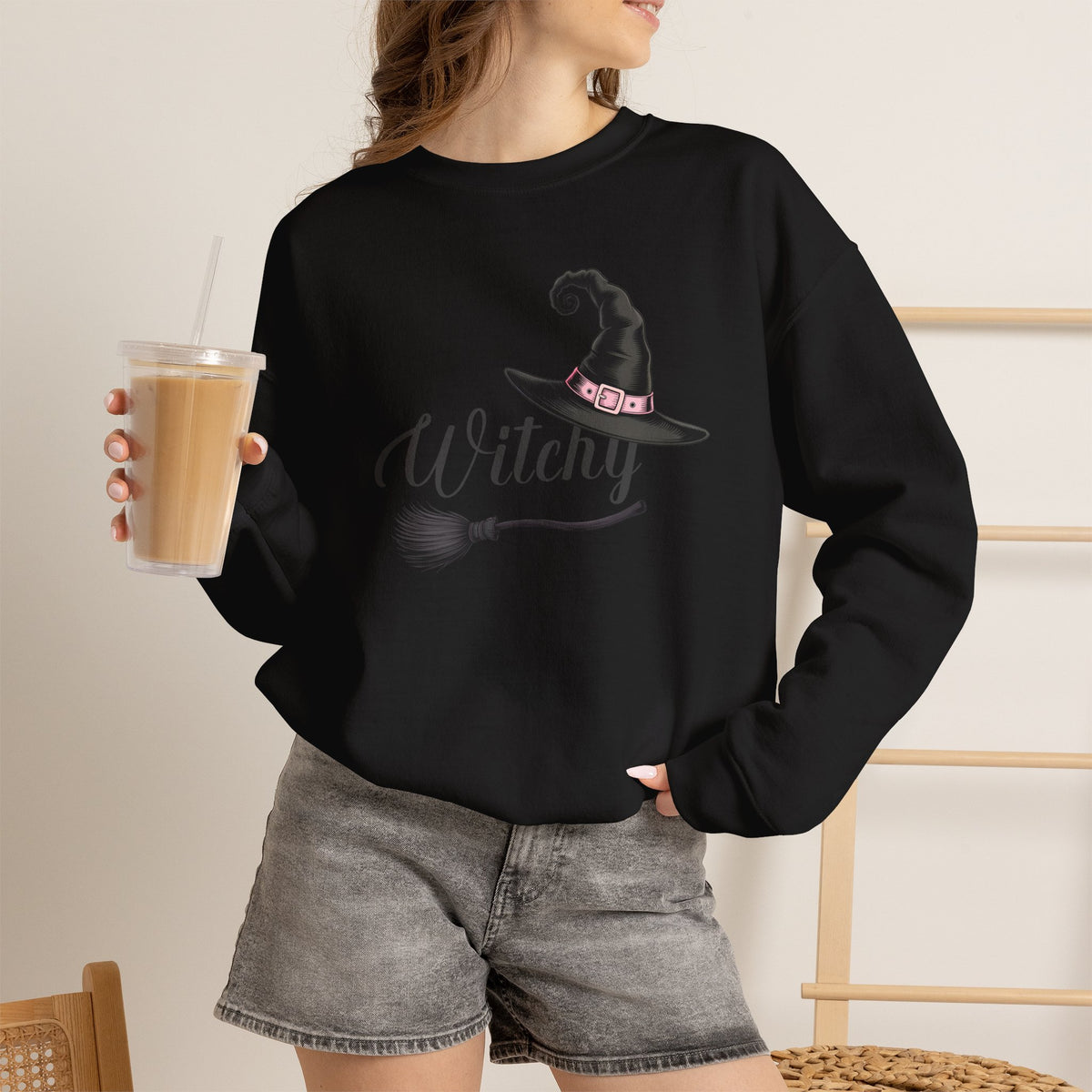 Witchy Hat with Broom Sweatshirt | Halloween Witch Crewneck