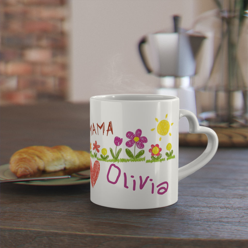 Mama Custom Art and Personalized Name, Heart-Shaped Coffee Tea Mug, Gift from Kids to Mom for Mother's Day, Birthday Gift, Christmas Present
