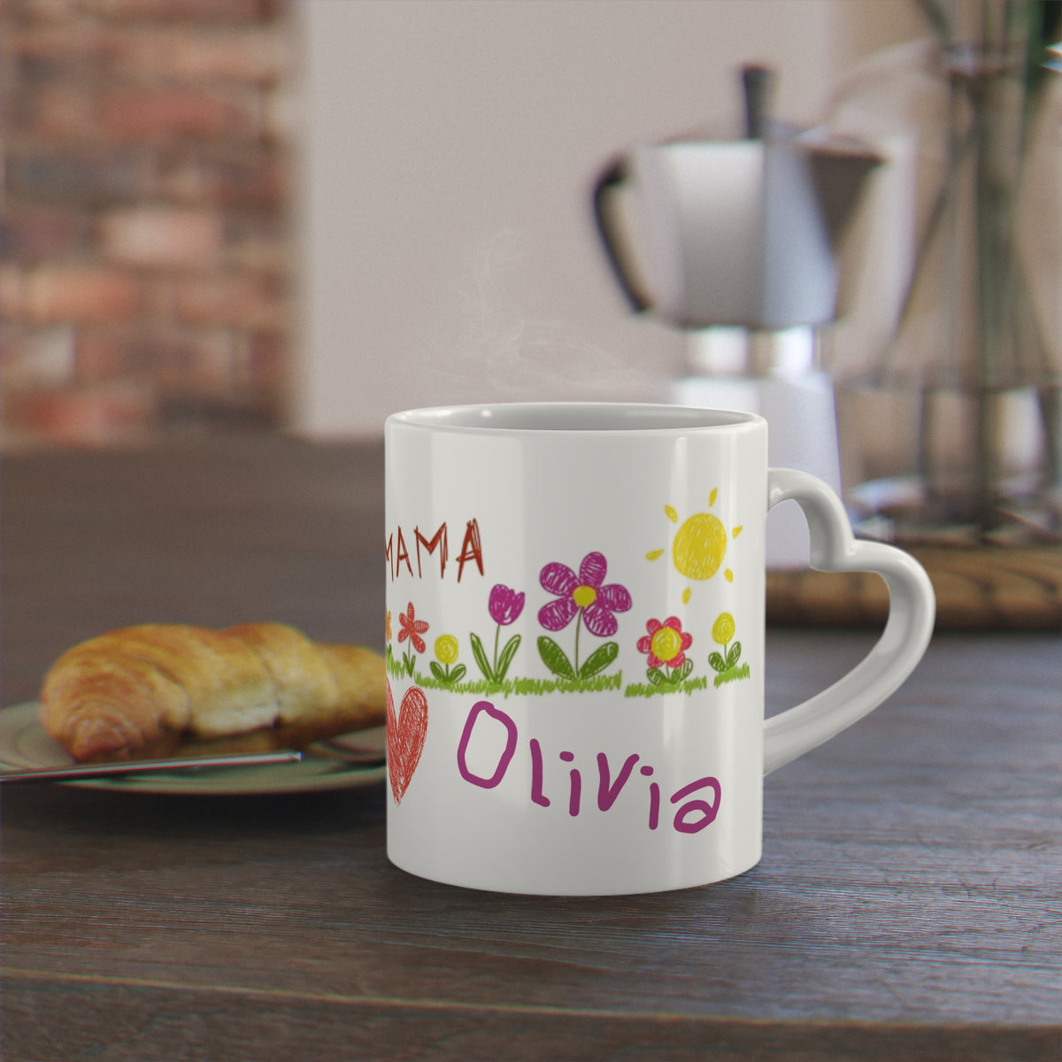 Mama Custom Art and Personalized Name, Heart-Shaped Coffee Tea Mug, Gift from Kids to Mom for Mother's Day, Birthday Gift, Christmas Present