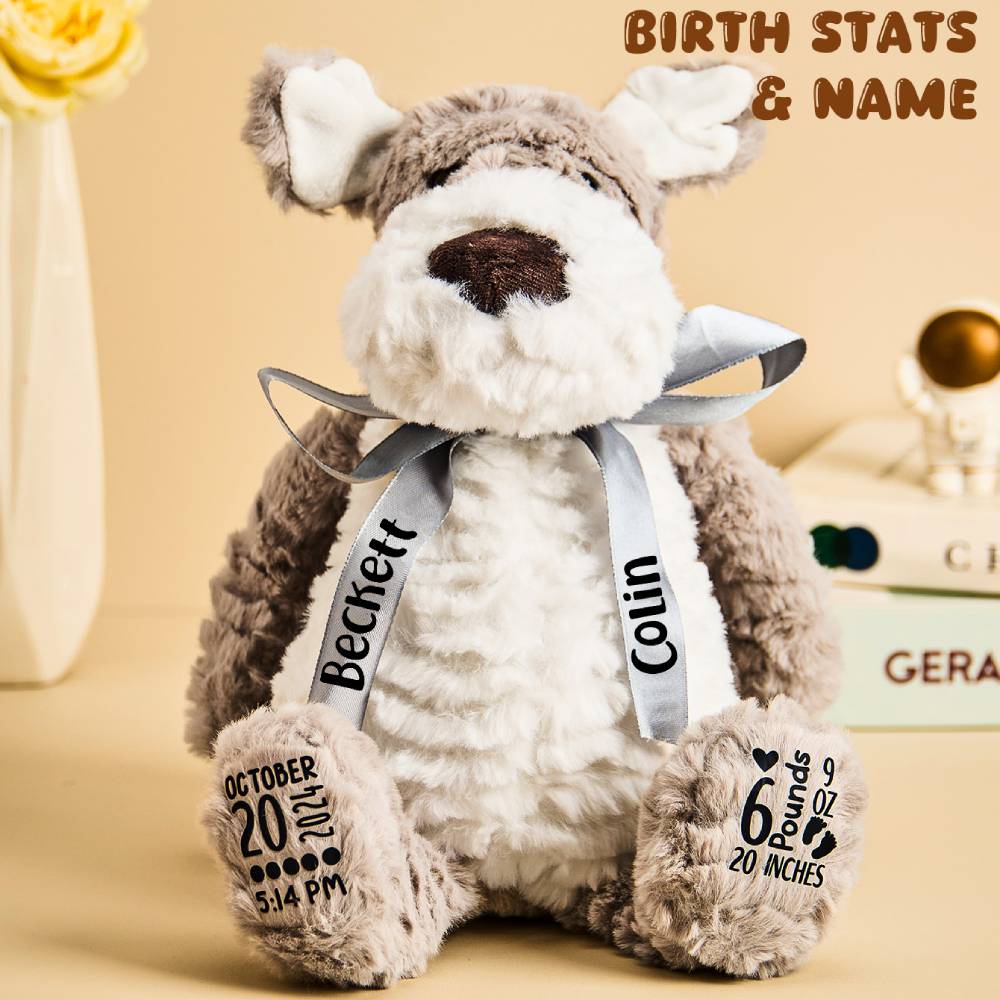 Personalized Puppy Dog Plush Birth Stats Stuffed Animal Birth Announcement Gifts