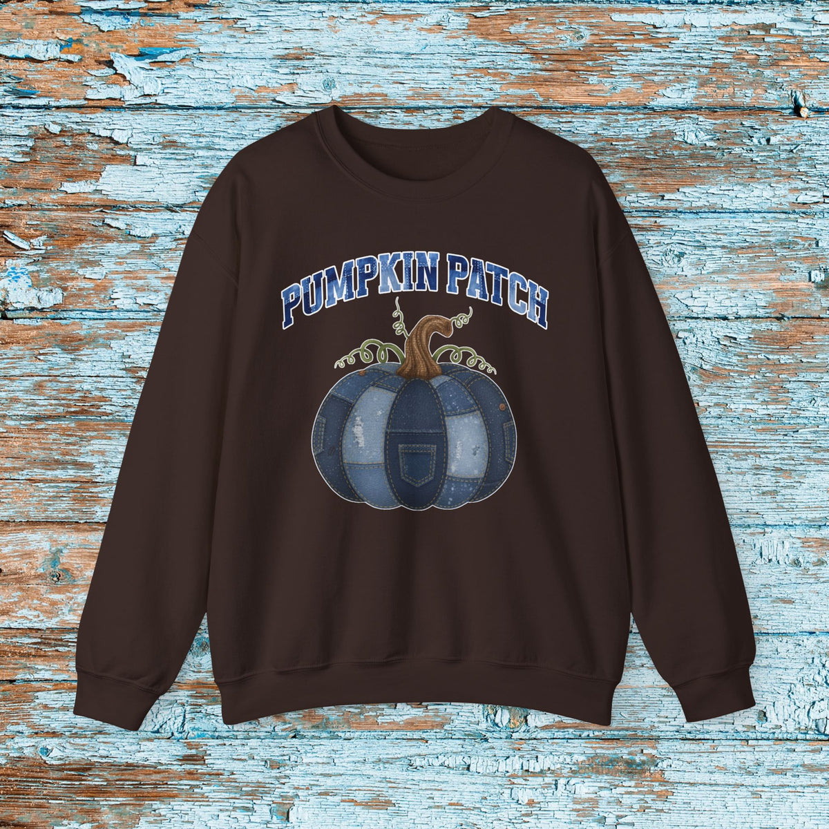 Halloween Pumpkin Patch Denim Patchwork Crewneck Sweatshirt Cute Fall Fun Pumpkin Cozy Season Sweatshirt