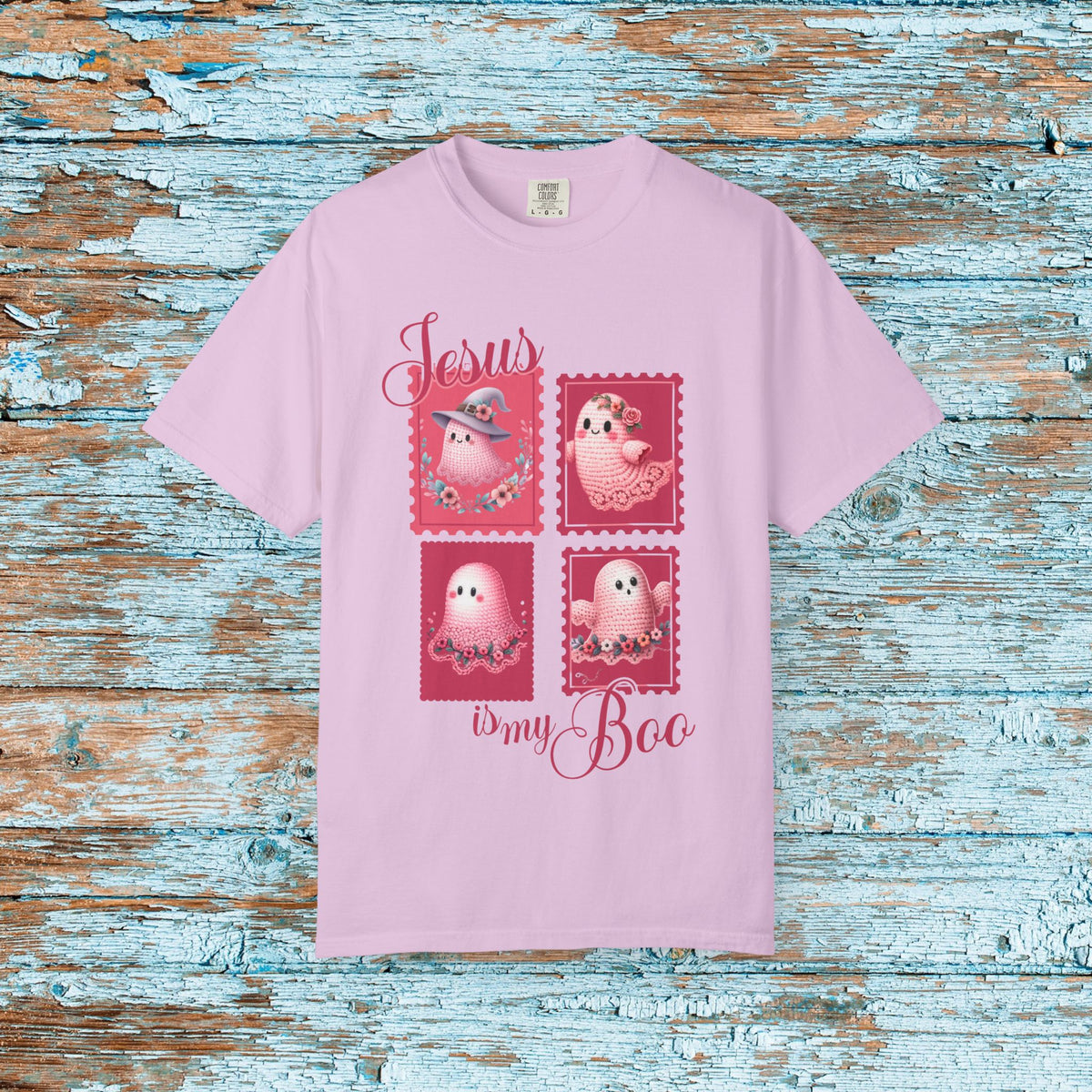 Comfort Colors Christian Halloween Jesus is my Boo Cute Crochet Ghost Postage Stamp Aesthetic Fall T-Shirt