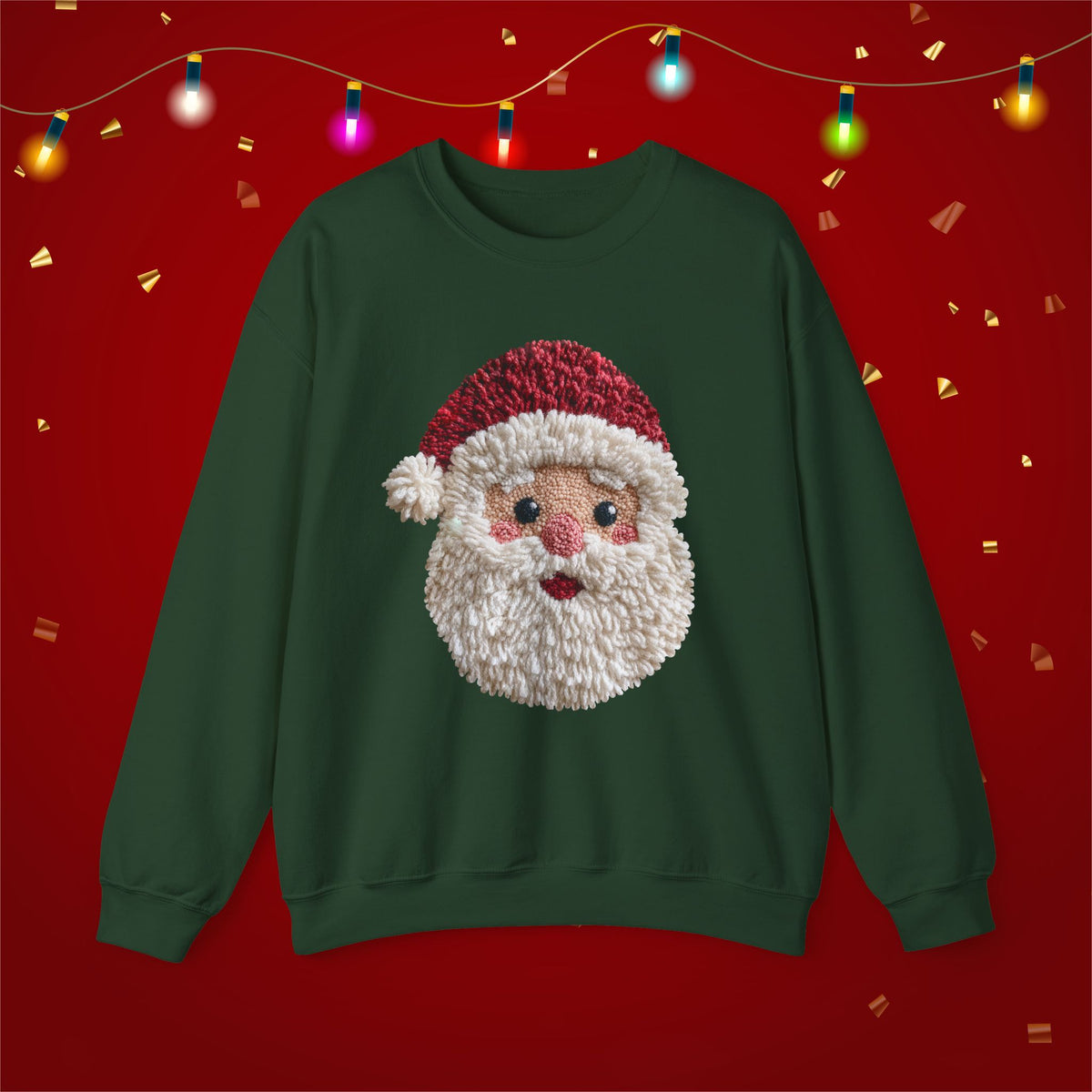 Yarn Look Crochet Santa Sweatshirt, Viral Faux Latch Hook Christmas Shirt, Cute Holiday Sweater, Plus Size Available