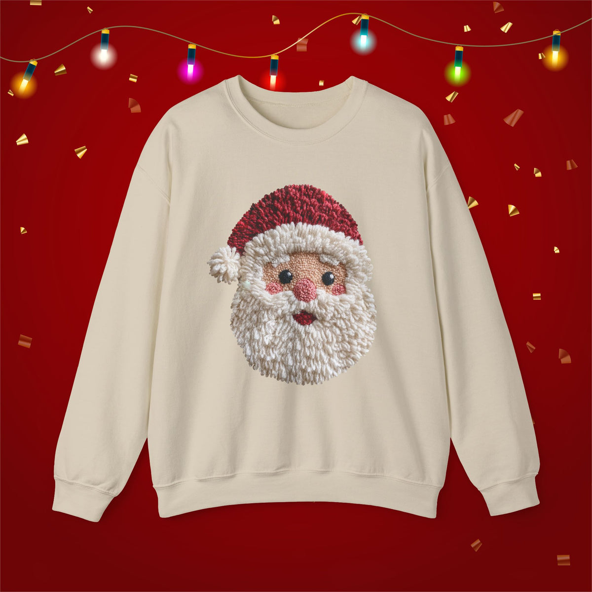 Yarn Look Crochet Santa Sweatshirt, Viral Faux Latch Hook Christmas Shirt, Cute Holiday Sweater, Plus Size Available
