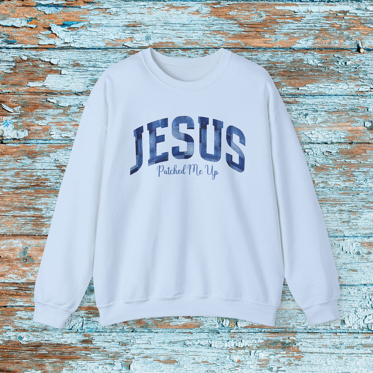 Christian Jesus Denim Patchwork Sweatshirt, Cute Baptism Gift, Cozy Religious Crewneck for Mom or Grandma, Faith Bible Study Church Wear