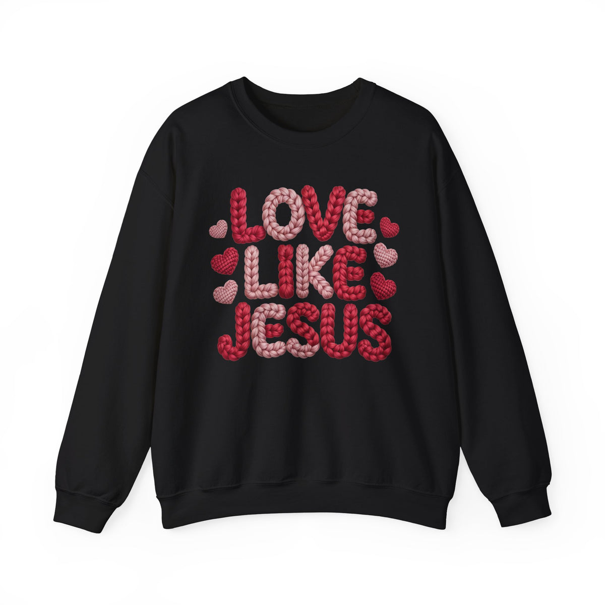 Love Like Jesus Faux Yarn Sweatshirt, Christian Valentine Crewneck, Knitted Look Faith Sweater, Religious Gift for Her Him, Gildan 18000