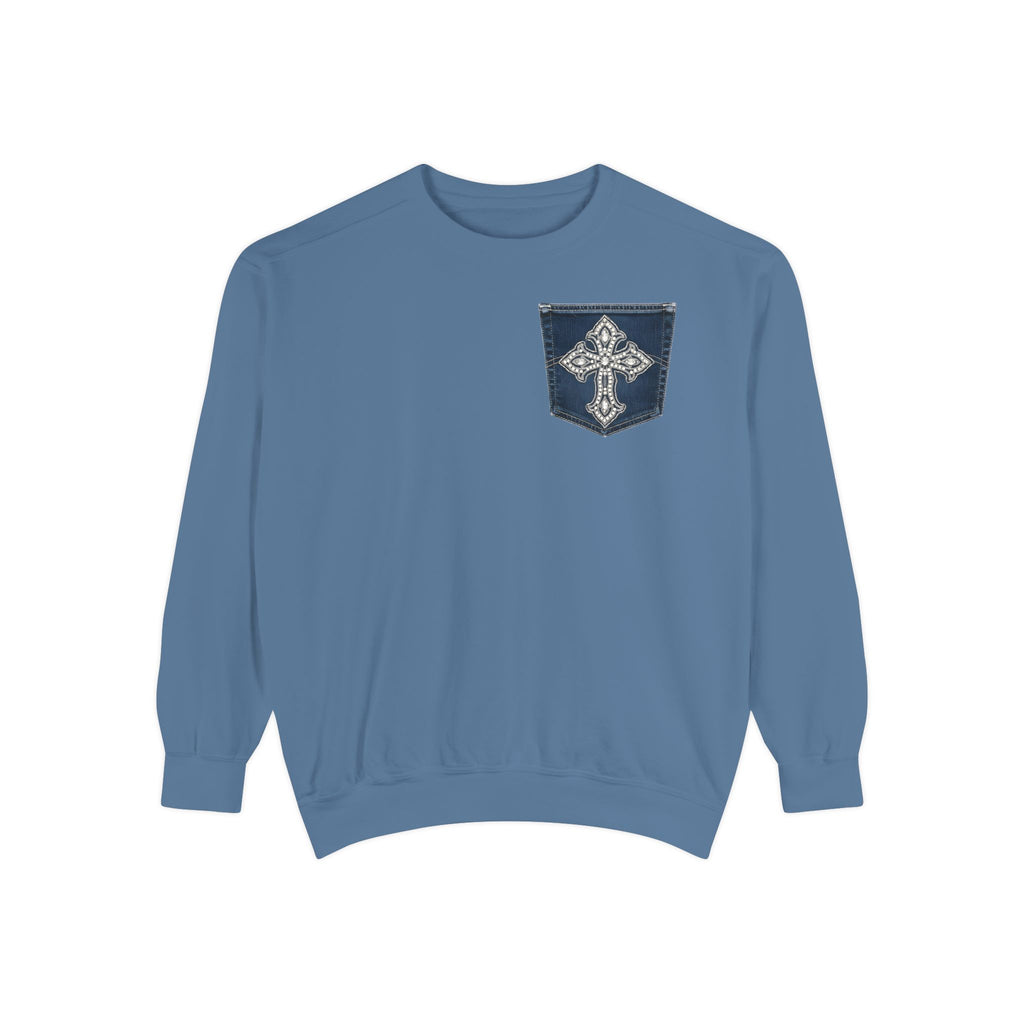 Comfort Colors Faux Denim Pocket Sweatshirt, Cross Pocket Print Crewneck, Garment Dyed Unisex Christian Sweater, Faith Gift for Her Him