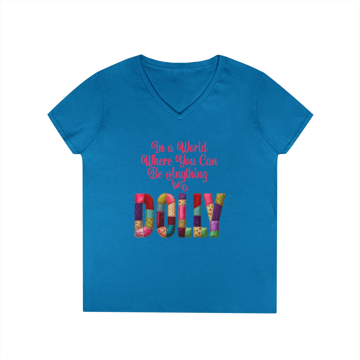 Dolly Tribute Shirt, Coat of Many Colors, Faux Quilt, Patchwork Aesthetic T-Shirt, Ladies' V-Neck T-Shirt
