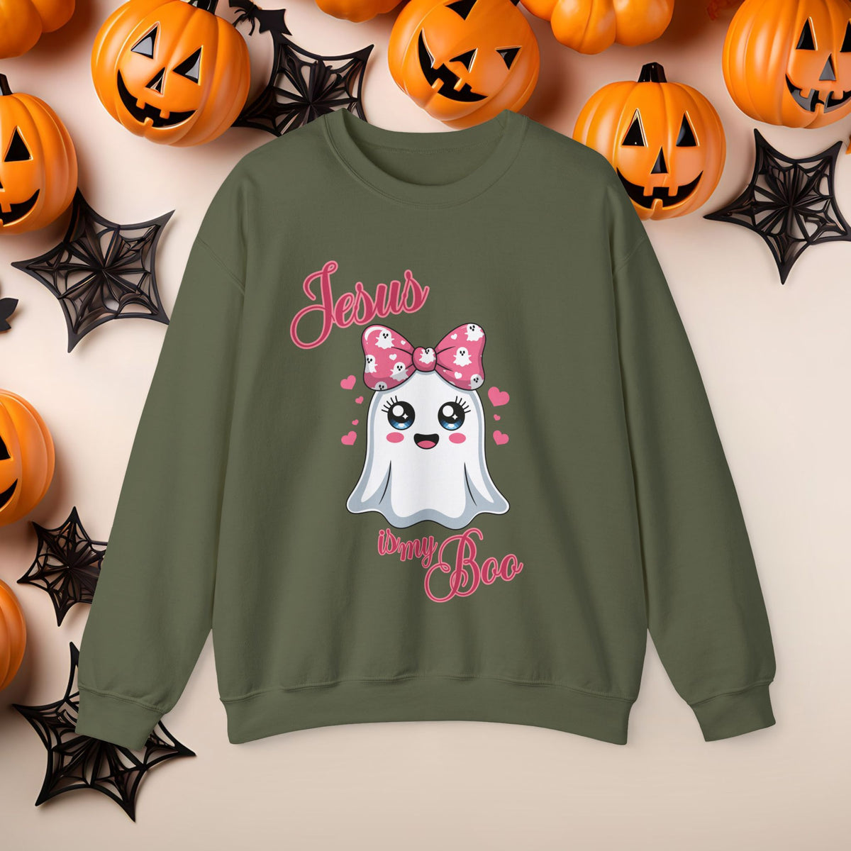 Christian Halloween Jesus is my Boo Cute Fall Fun Spooky Pumpkin Cozy Season Crewneck Sweatshirt Church Small Group Bible Study Shirt