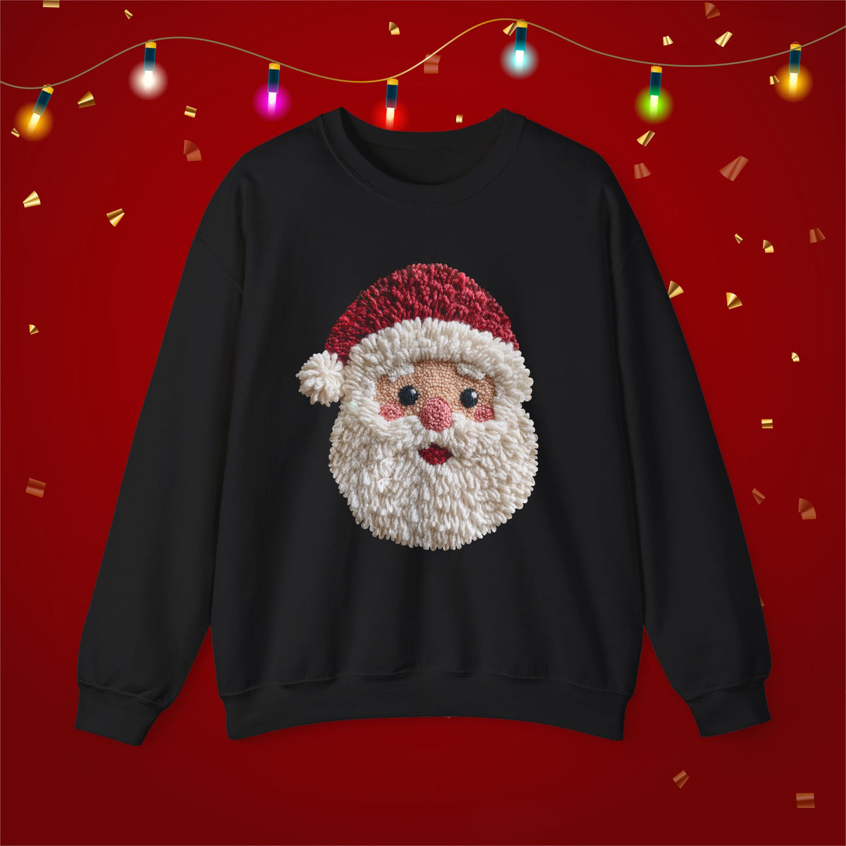Yarn Look Crochet Santa Sweatshirt, Viral Faux Latch Hook Christmas Shirt, Cute Holiday Sweater, Plus Size Available
