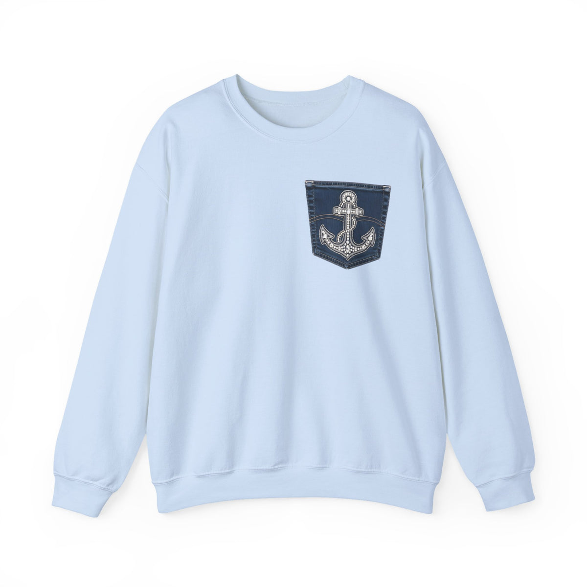 Faux Denim Pocket Sweatshirt, Anchor Pocket Print Crewneck, Jesus Is My Anchor Nautical Christian Sweater, Faith Gift for Her Him