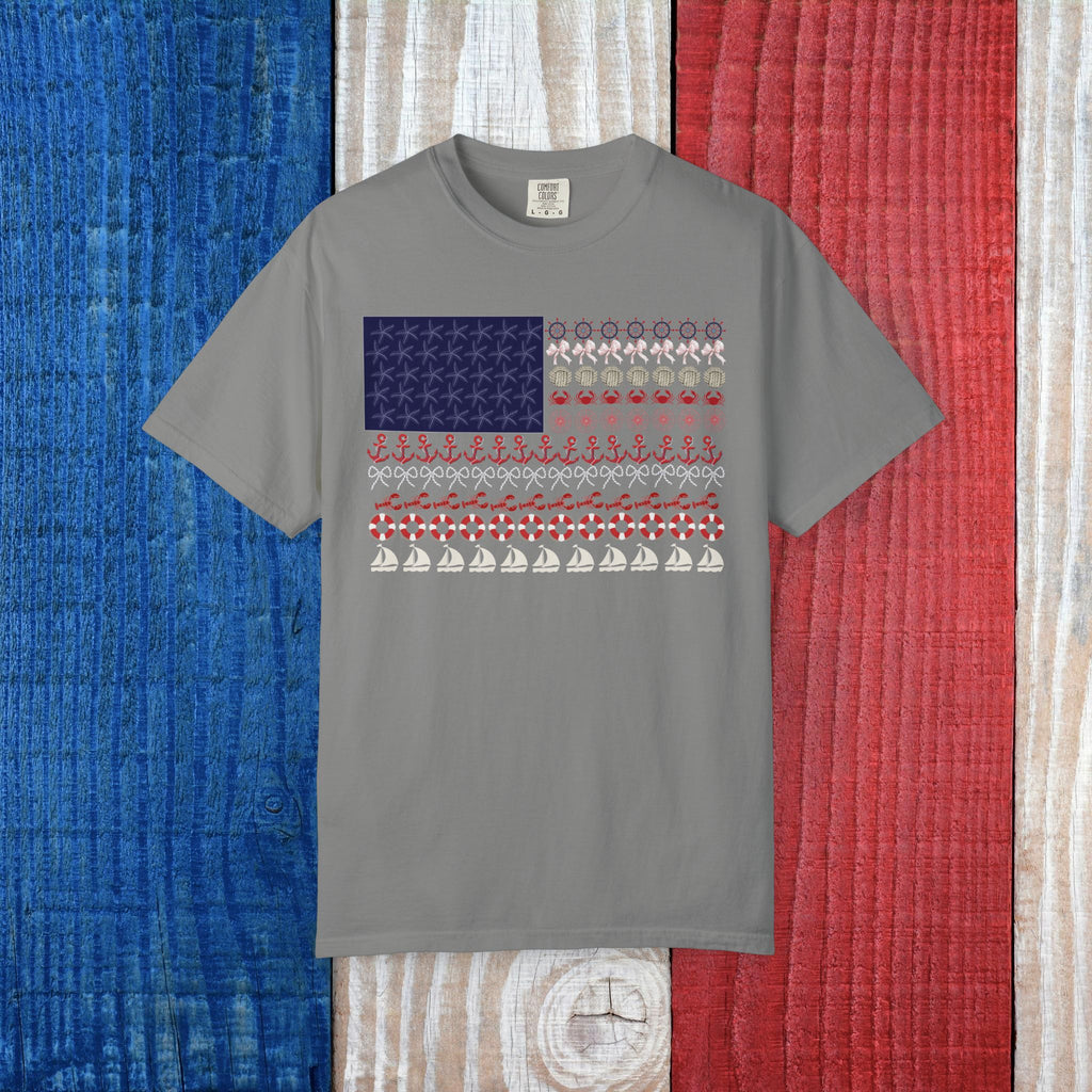 Comfort Colors American Flag Nautical Coquette Bow Anchor Shirt with Lobster and Crab Stars and Stripes July 4th Cruise Shirt