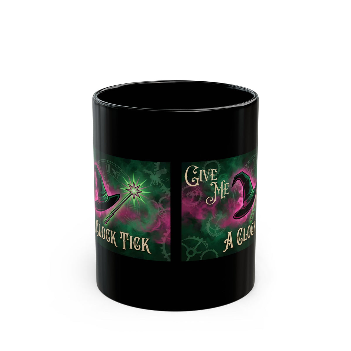 Funny Give Me a Clock Tick Wicked Black Mug (11oz, 15oz) Morning Coffee, Afternoon Tea Cup, Bestie Gift, Good vs Bad, Witch Hat Magic Wand