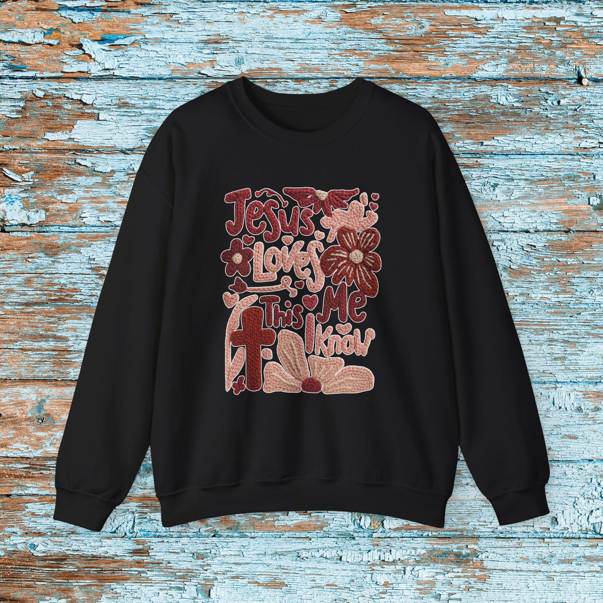 Jesus Loves Me Sweatshirt, Christian Boho Faux Yarn Crewneck, Faith Floral Sunday School Church Shirt Gildan 18000 Unisex Sweater