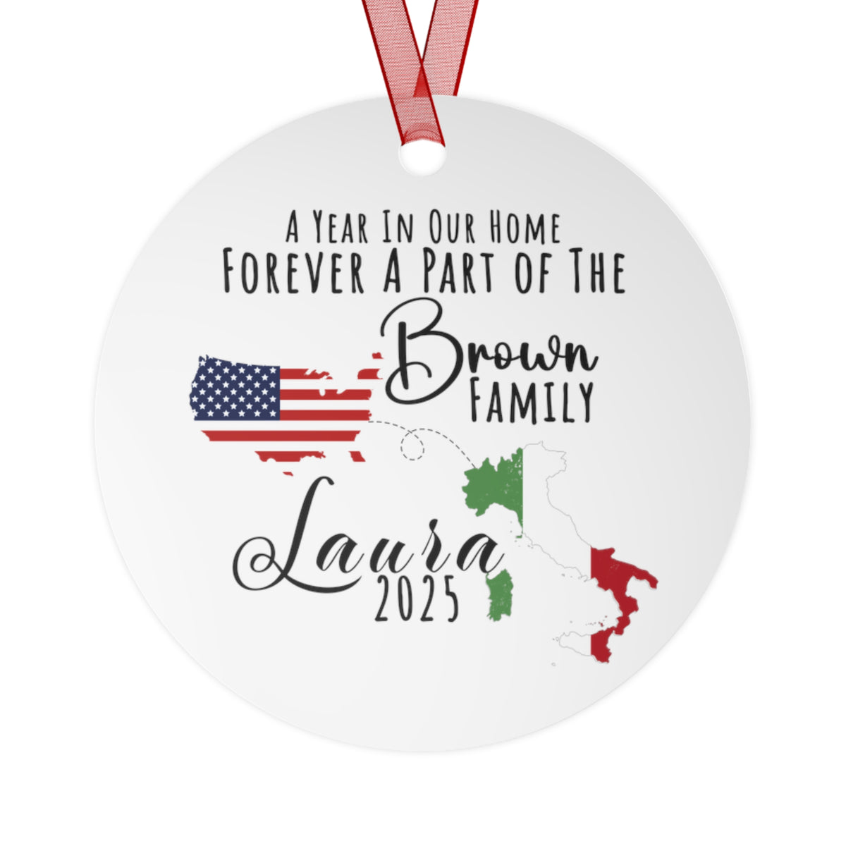 Custom Exchange Student Metal Ornament Personalized Long Distance Select Two Countries to Print Fully Customizable Print Both Sides Keepsake