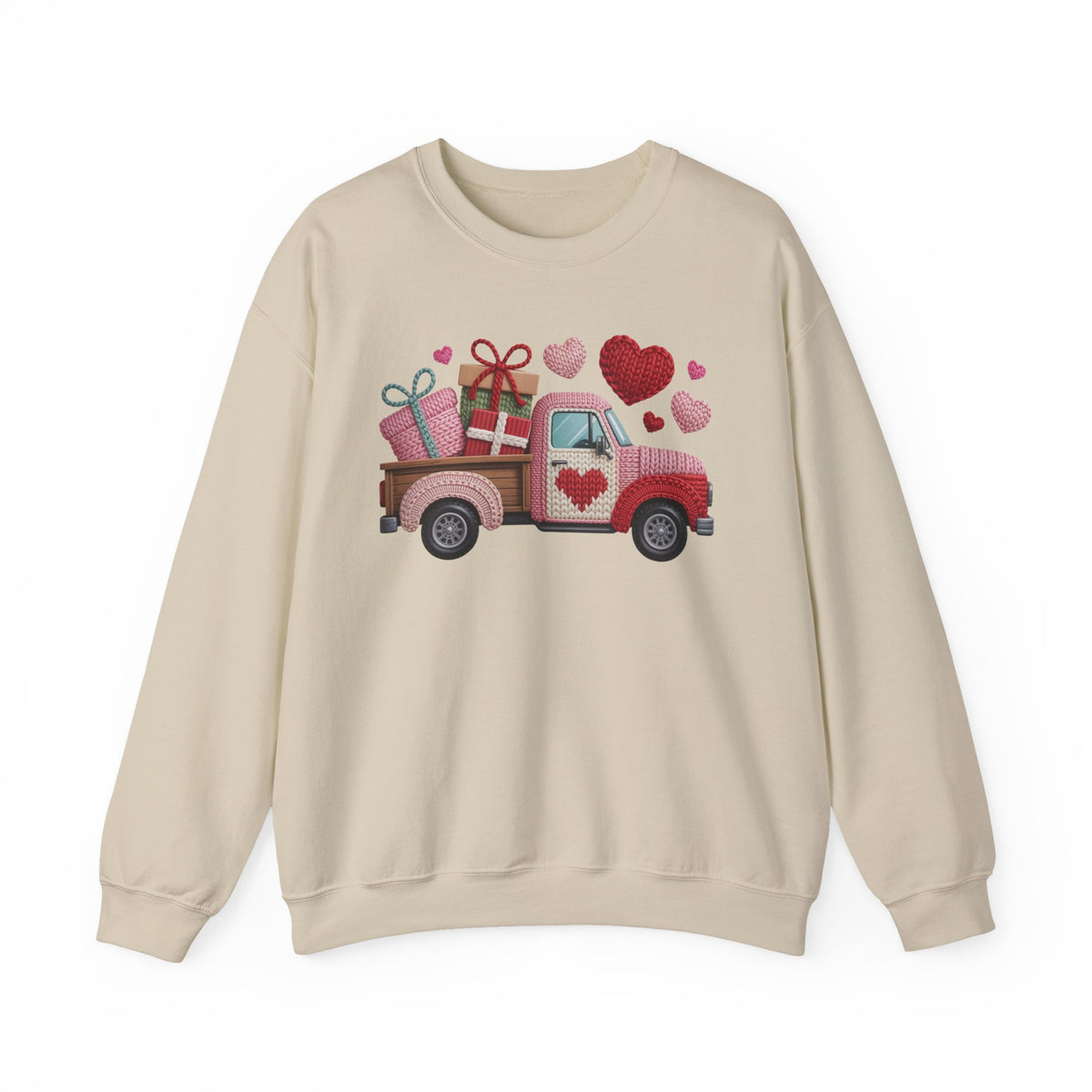 Valentine Truck Faux Yarn Sweatshirt, Pink Gildan 18000 Crewneck, Knitted Look Valentine Sweater, Vintage Truck Heart Gift