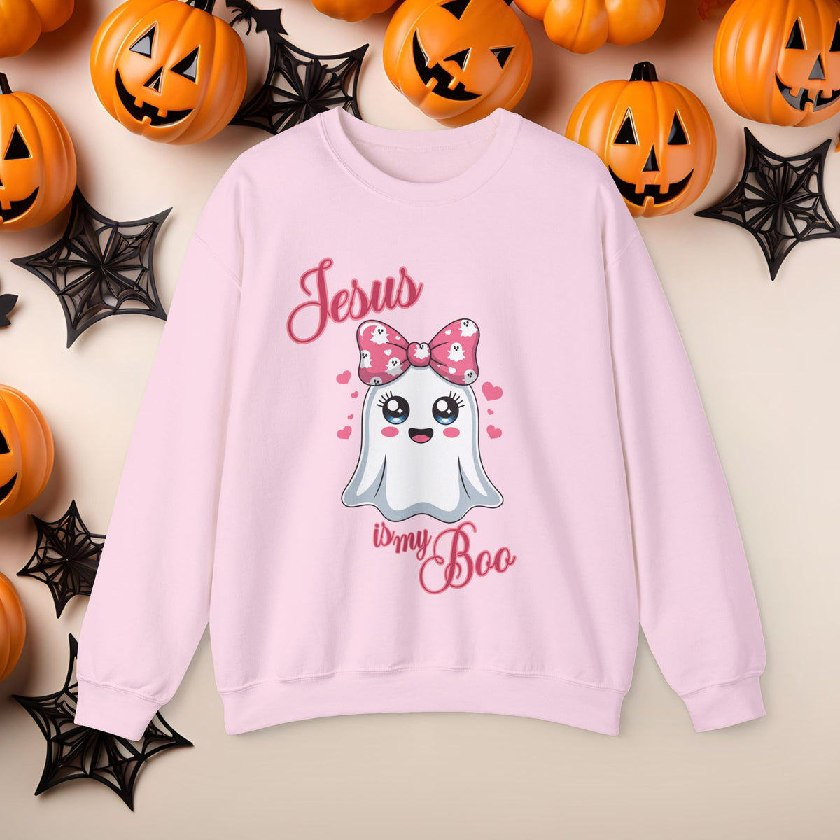 Christian Halloween Jesus is my Boo Cute Fall Fun Spooky Pumpkin Cozy Season Crewneck Sweatshirt Church Small Group Bible Study Shirt