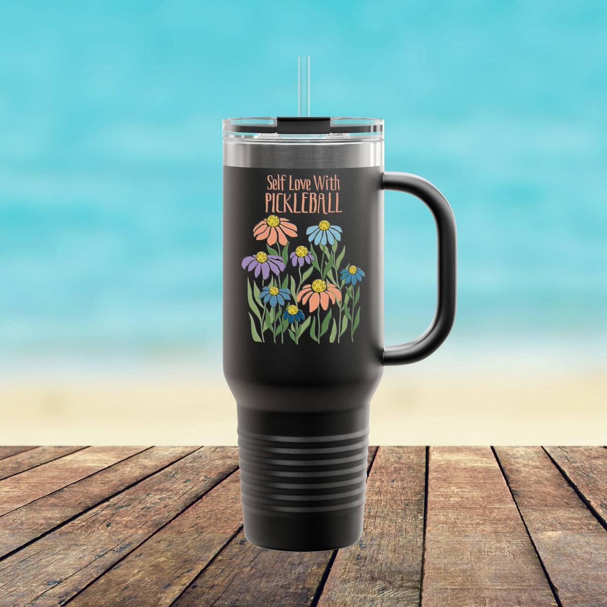 Self Love With Pickleball 40oz Tumbler, Floral Pickleball Travel Mug With Handle, Insulated Stainless Steel Cup, Pickleball Gift