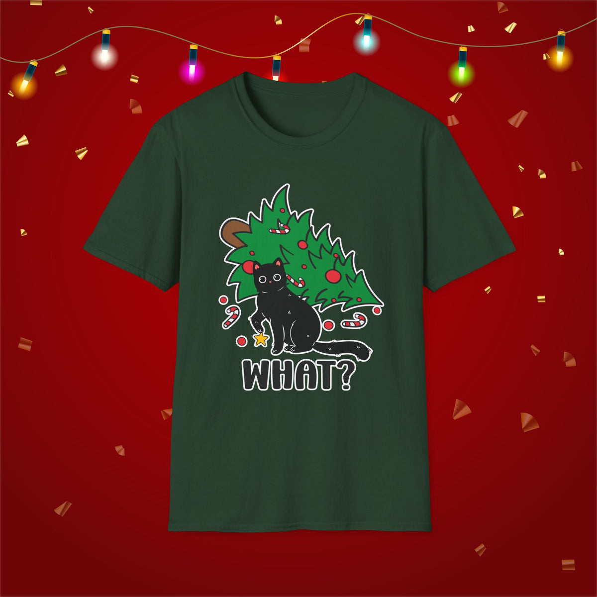 Funny Cat Christmas Shirt What? Christmas Tree Knocked Over Tee Cute Holiday Cat Lover T-Shirt Humorous Xmas Gift for Pet Owners, Soft Style