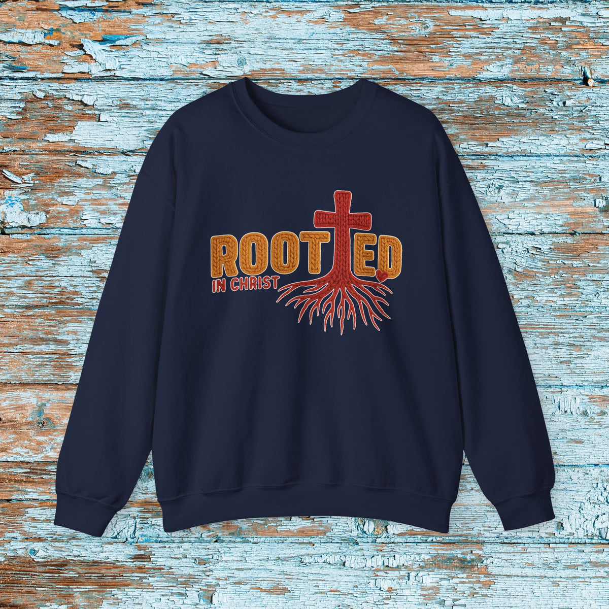 Rooted in Christ Sweatshirt, Christian Crewneck with Cross and Roots, Faith Based Gildan 18000 Unisex Sweater