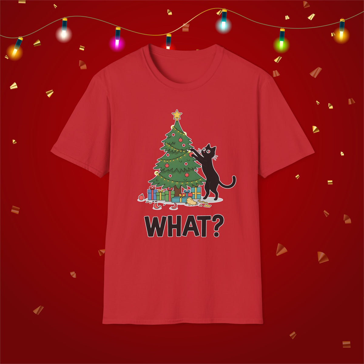 Funny Cat Christmas Shirt What? Christmas Tree Knocked Over Tee Cute Holiday Cat Lover T-Shirt Humorous Xmas Gift for Pet Owners, Soft Style