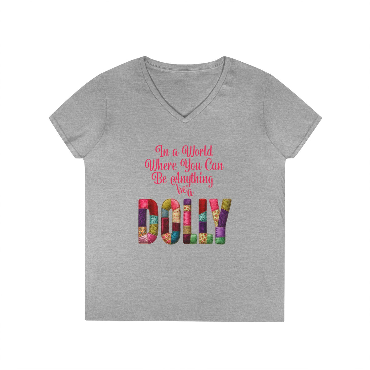 Dolly Tribute Shirt, Coat of Many Colors, Faux Quilt, Patchwork Aesthetic T-Shirt, Ladies' V-Neck T-Shirt