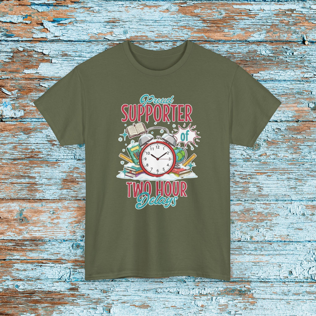 Teacher Funny Two Hour Delay T-Shirt, Unisex Heavy Cotton Tee for Proud Supporters of Hour Delays, Snow Day Shirt, Matching Team, Humorous