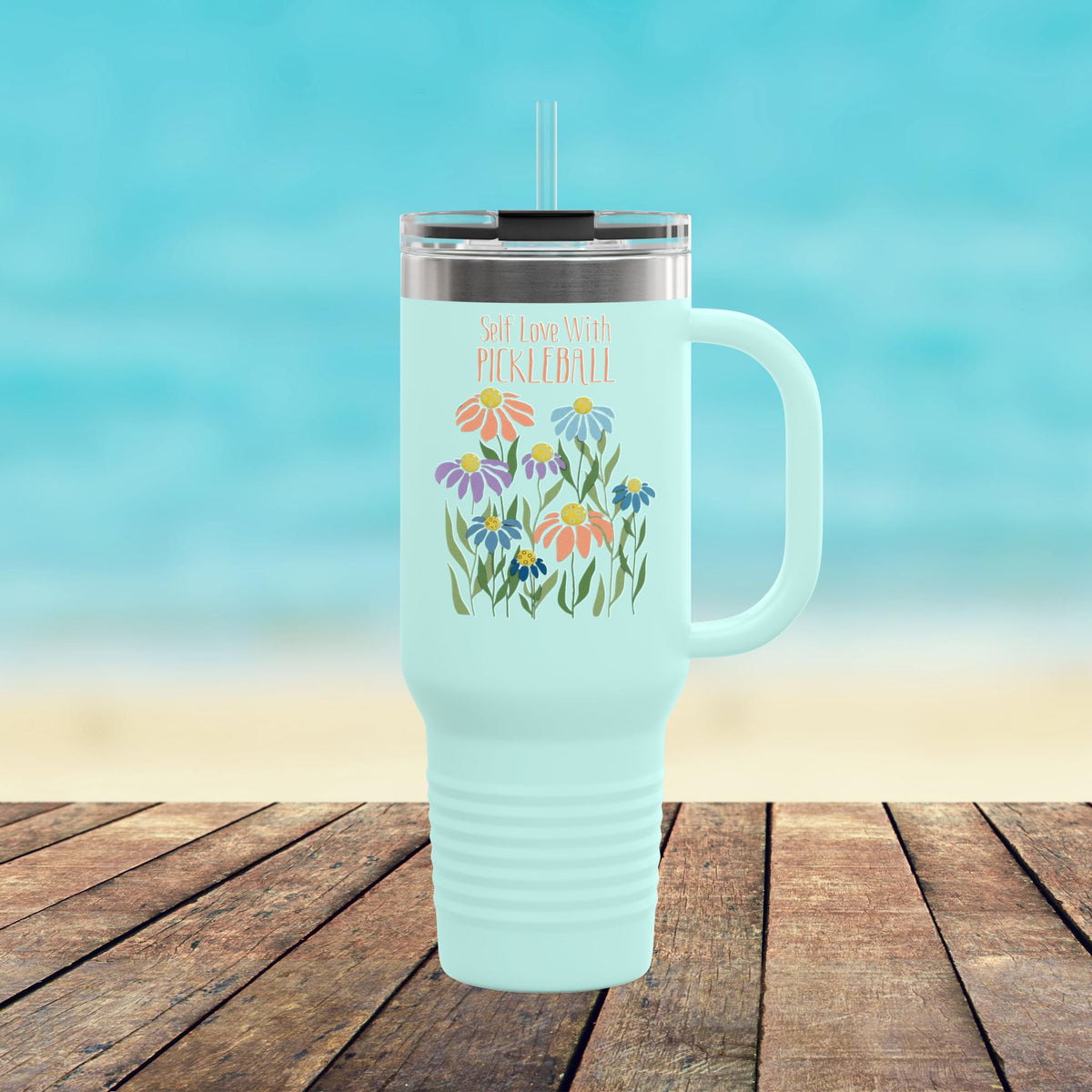 Self Love With Pickleball 40oz Tumbler, Floral Pickleball Travel Mug With Handle, Insulated Stainless Steel Cup, Pickleball Gift