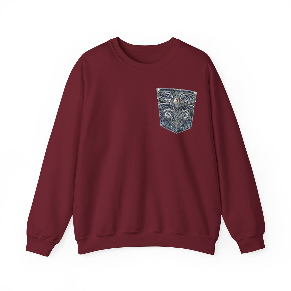 Faux Denim Pocket Sweatshirt, Bling Pocket Print Crewneck, Cozy Fun Denim Bling Pocket Look Sweater