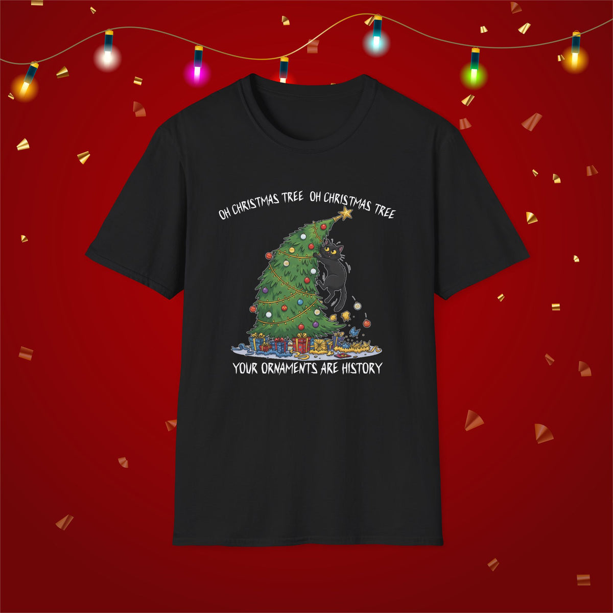 Funny Cat Christmas Shirt What? Christmas Tree Knocked Over Tee Cute Holiday Cat Lover T-Shirt Humorous Xmas Gift for Pet Owners, Soft Style