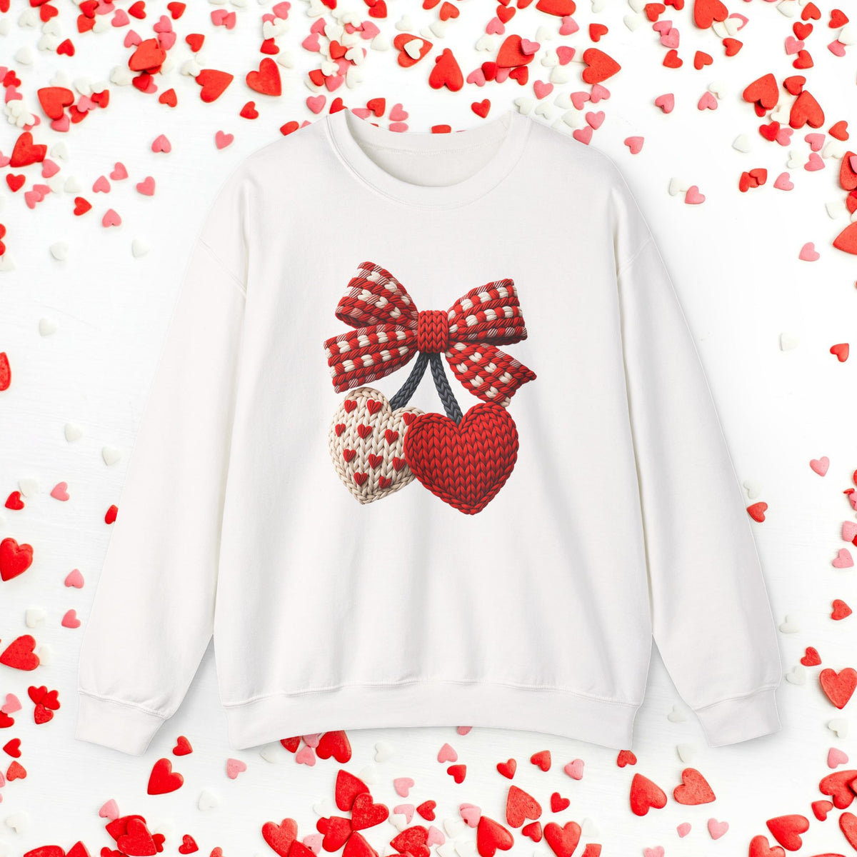 Faux Crochet Heart Cherry Sweatshirt, Valentine Faux Yarn Crewneck, Cozy Valentine Sweater, Romantic Gift for Her, Cute Heart Teacher
