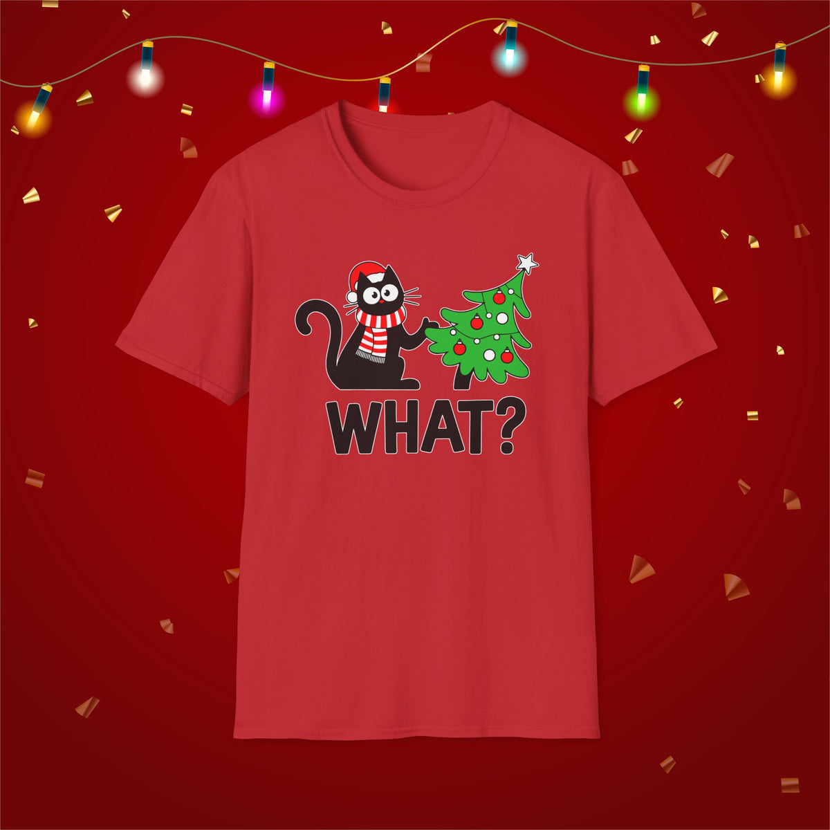 Funny Cat Christmas Shirt What? Christmas Tree Knocked Over Tee Cute Holiday Cat Lover T-Shirt Humorous Xmas Gift for Pet Owners, Soft Style