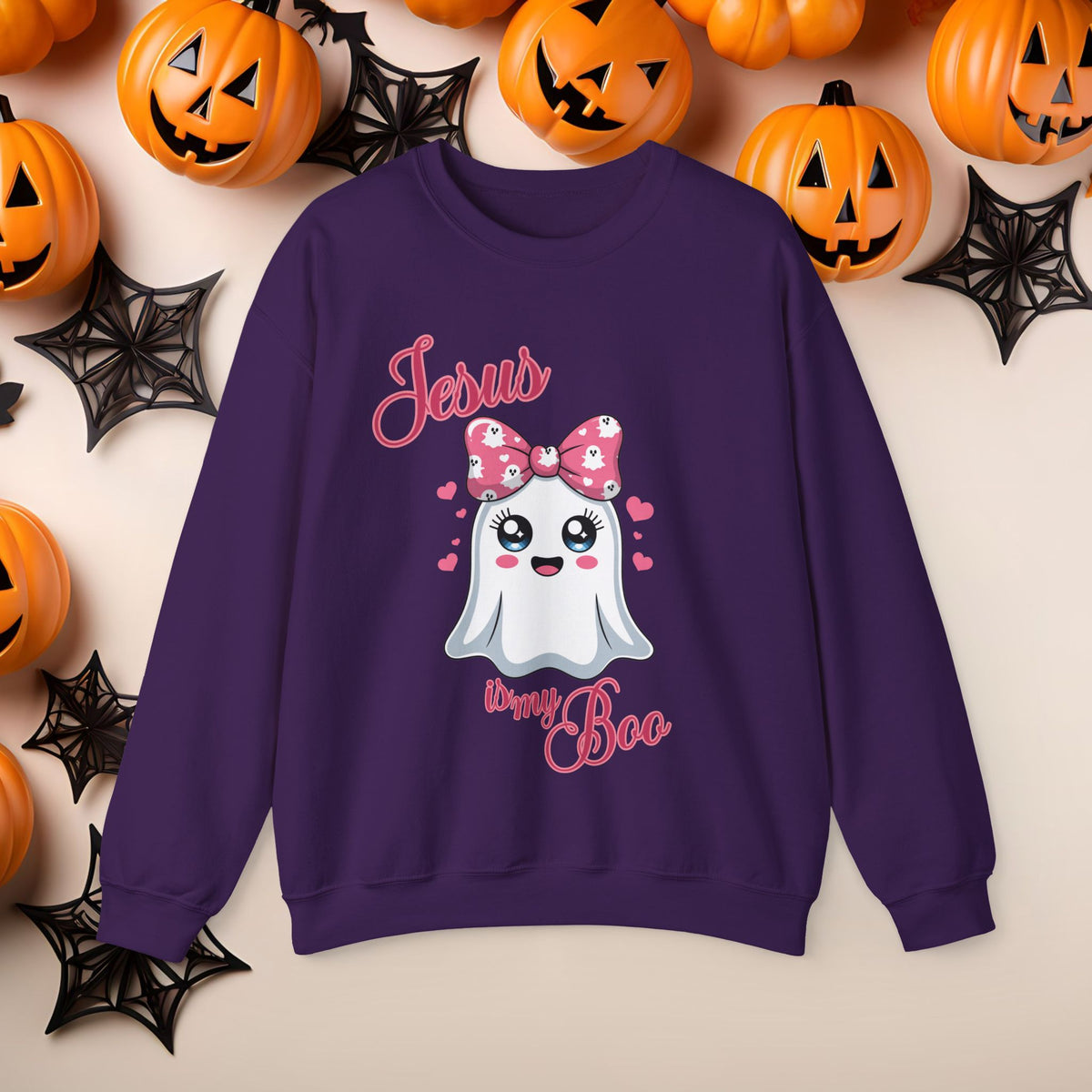 Christian Halloween Jesus is my Boo Cute Fall Fun Spooky Pumpkin Cozy Season Crewneck Sweatshirt Church Small Group Bible Study Shirt