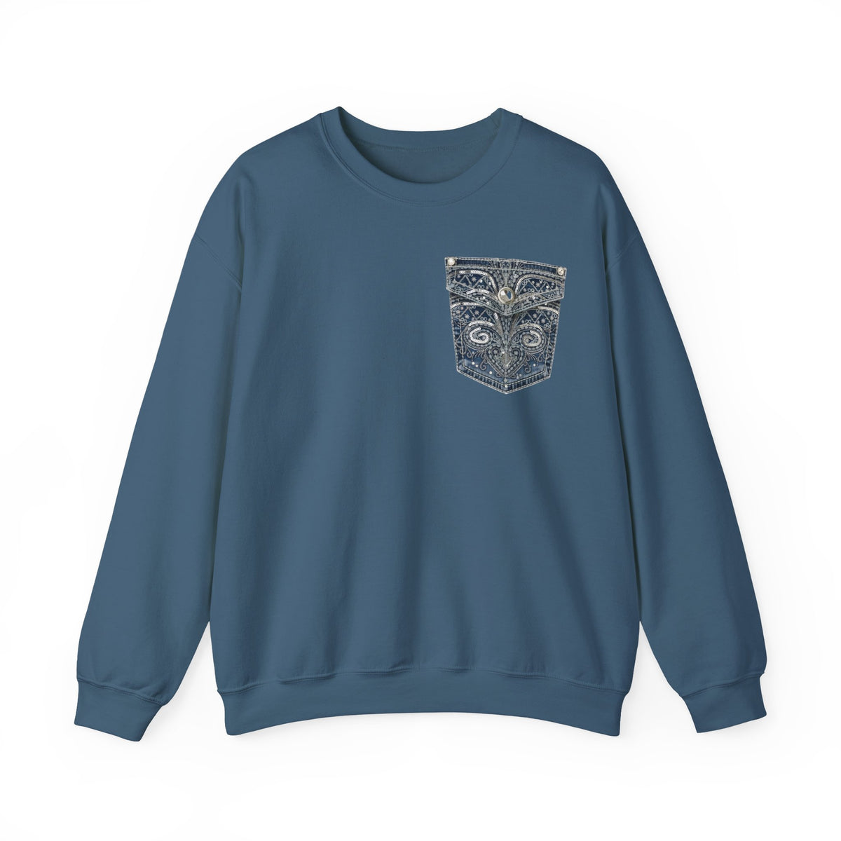 Faux Denim Pocket Sweatshirt, Embellished Pocket Crewneck, Unisex Cozy Sweater, Gildan 18000 Pullover Gift