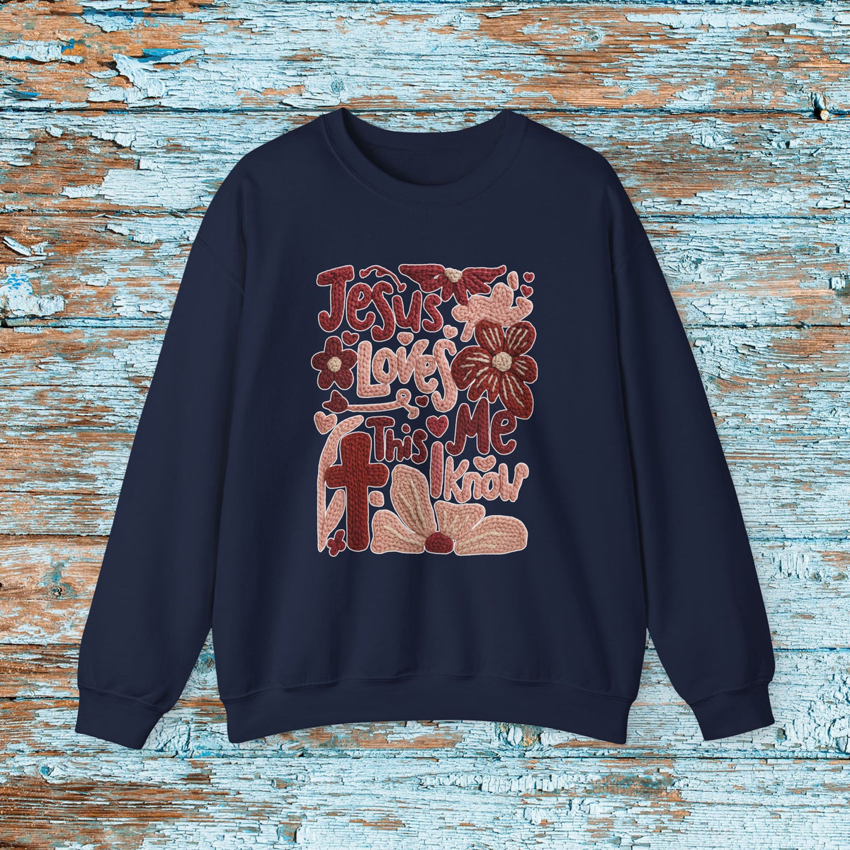 Jesus Loves Me Sweatshirt, Christian Boho Faux Yarn Crewneck, Faith Floral Sunday School Church Shirt Gildan 18000 Unisex Sweater