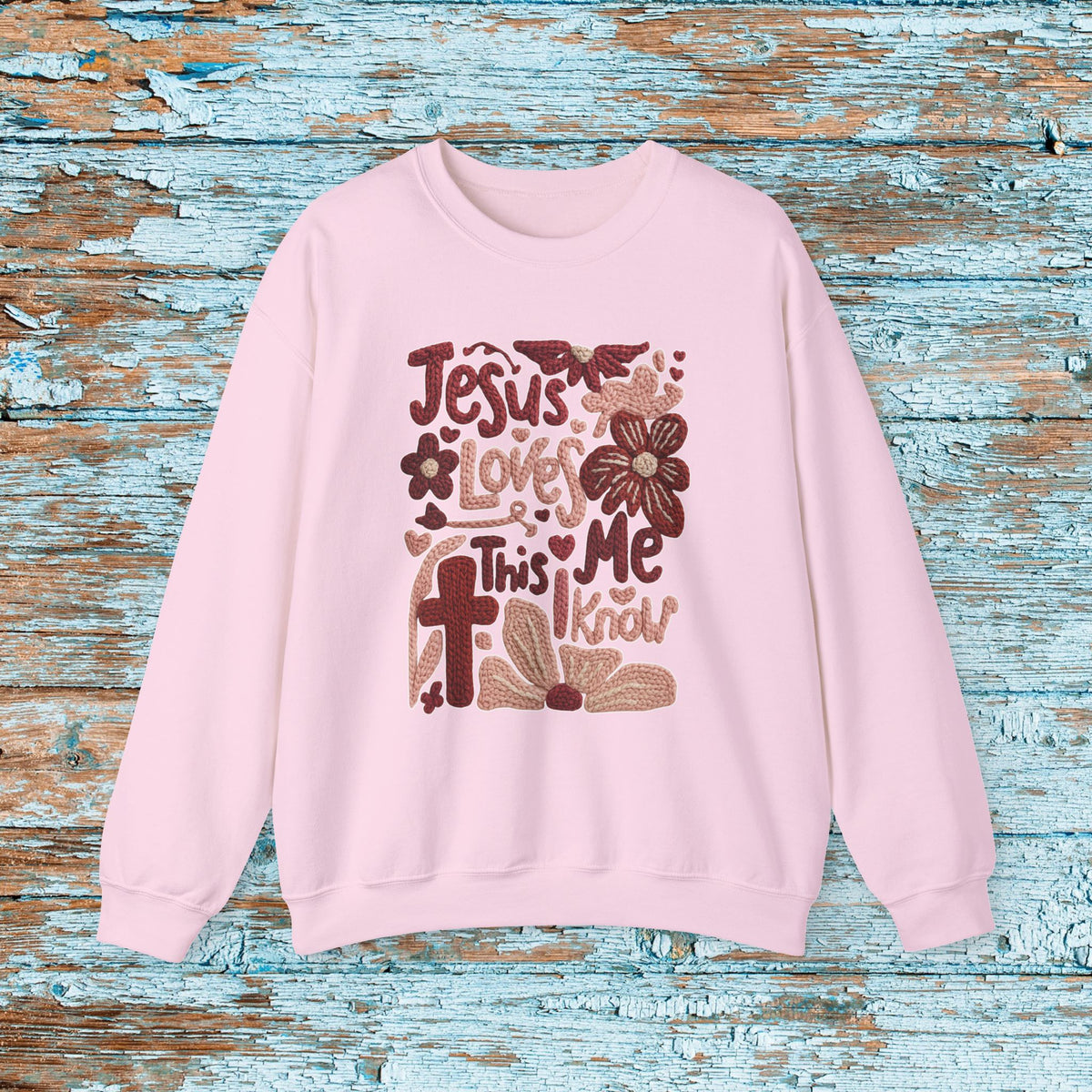 Jesus Loves Me Sweatshirt, Christian Boho Faux Yarn Crewneck, Faith Floral Sunday School Church Shirt Gildan 18000 Unisex Sweater