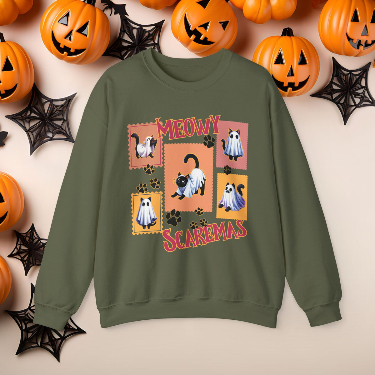 Funny Halloween Cat Ghost Crewneck Cute Fall Fun Spooky Pumpkin Cozy Season Sweatshirt
