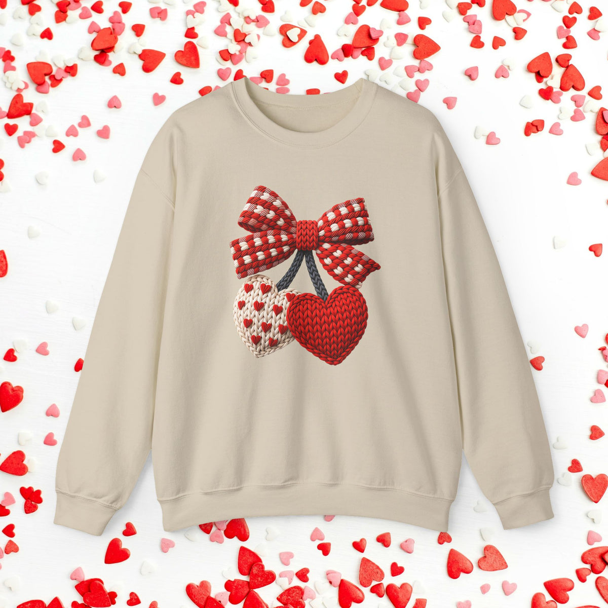 Faux Crochet Heart Cherry Sweatshirt, Valentine Faux Yarn Crewneck, Cozy Valentine Sweater, Romantic Gift for Her, Cute Heart Teacher