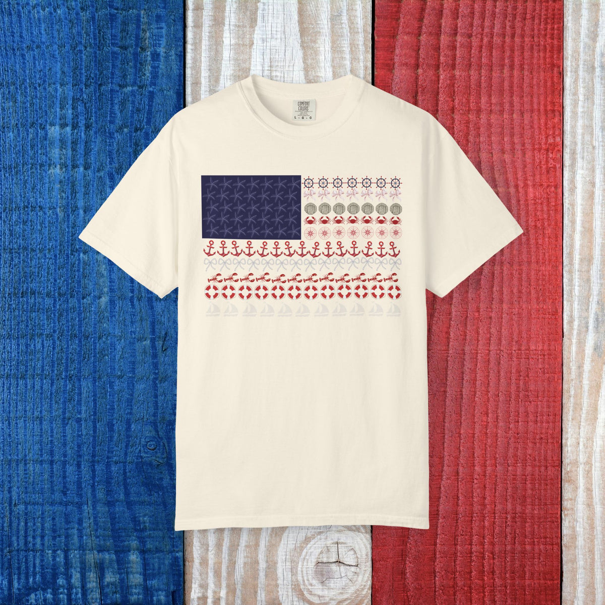 Comfort Colors American Flag Nautical Coquette Bow Anchor Shirt with Lobster and Crab Stars and Stripes July 4th Cruise Shirt